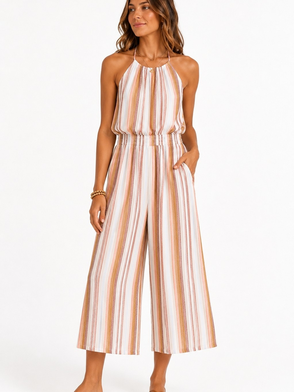 Striped Halter Wide-Leg Jumpsuit in Neutral Stripe